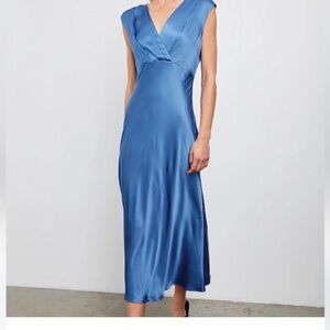 Rails Satin V-Neck Midi Dress in Blue